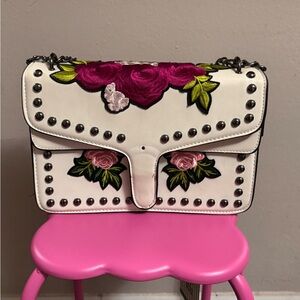 Floral Embroidered White Studded Bag